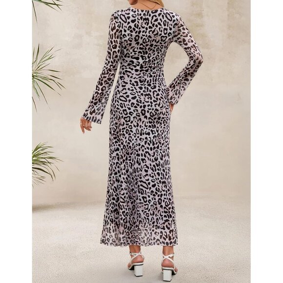 Zesica Women's Leopard Ruched Mesh Long Sleeve Floral Bodycon Cocktail Dress - Picture 6 of 6